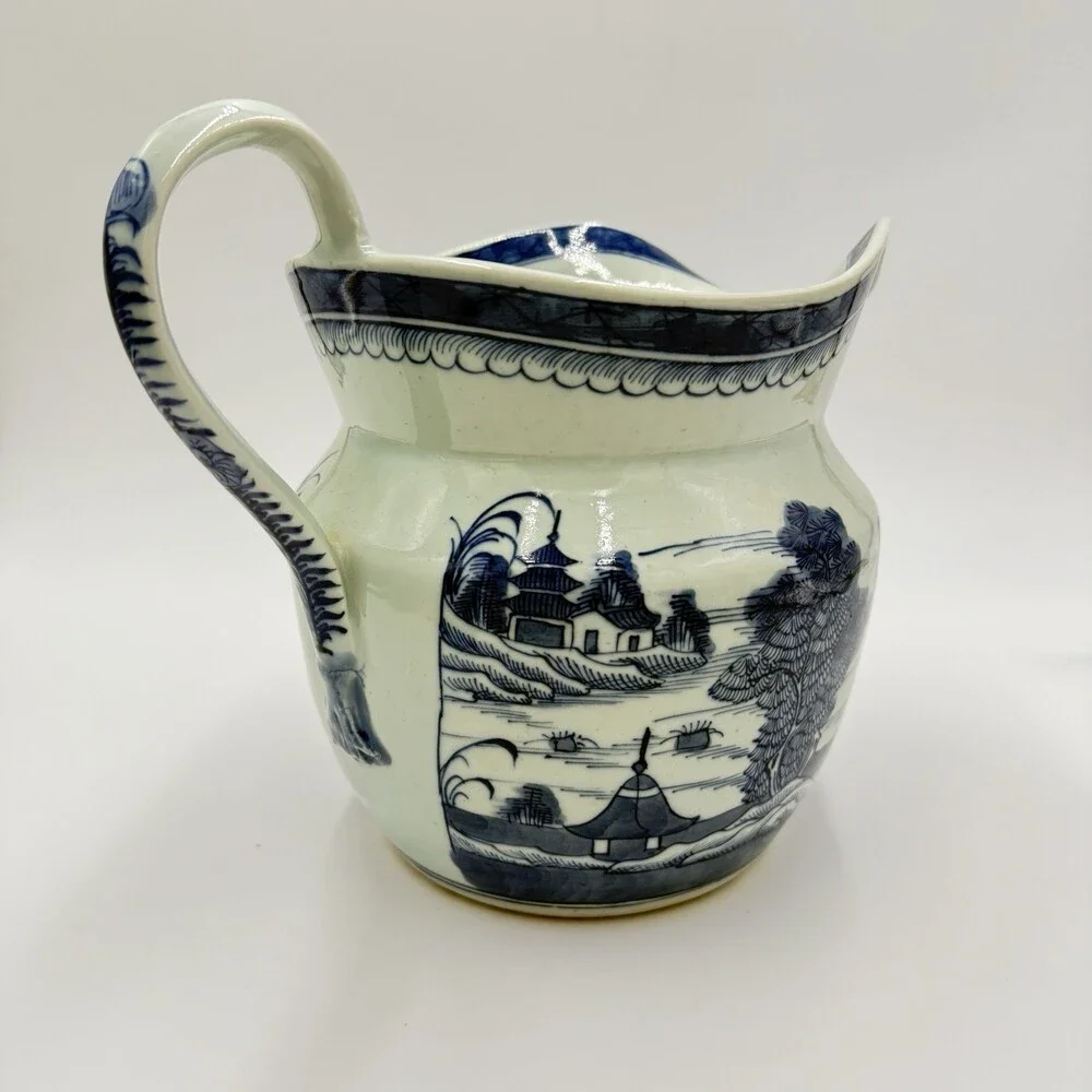 Antique Chinese Blue & White Canton Export Porcelain Large Pitcher 9”H x12” L